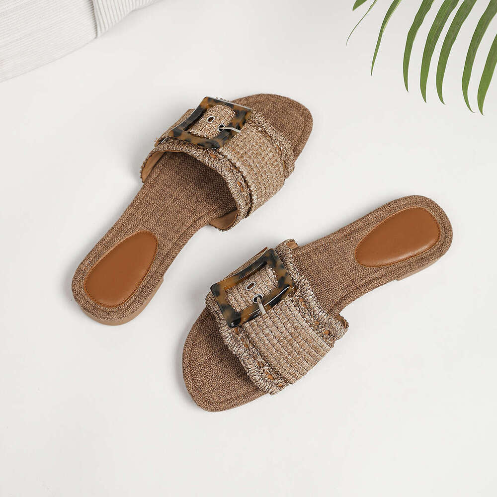 2025 Summer New Round Toe Woven Slip-On Large Size 35-43 Women's Shoes Breathable Casual Flat Sandals