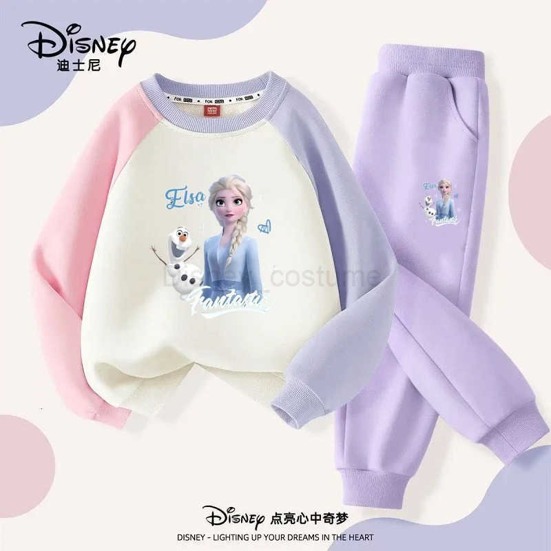 Disney Autumn Baby Girls Clothes Set Children Elsa Printing Color Block Top and Pants Bottom Two Pieces Long Sleeved Cotton Suit H250908
