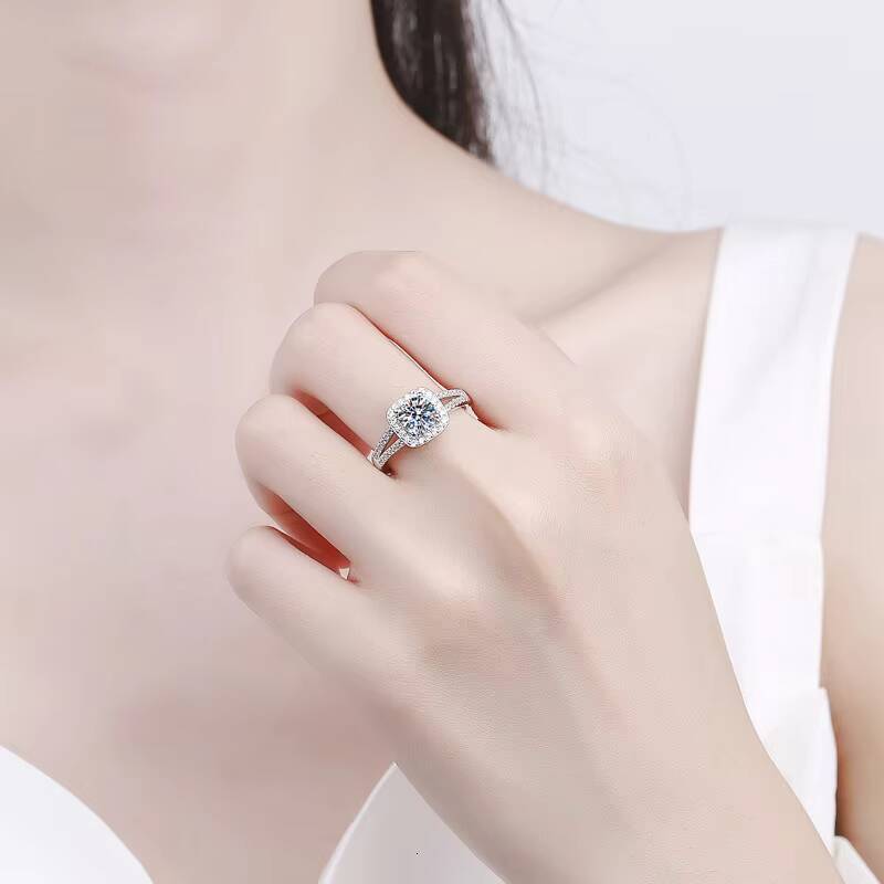 Classic Womens S925 Silver SixProng Double Row Square Moissanite Ring Fashion Gemstone Wedding Ring with AntiReal Diamond Set