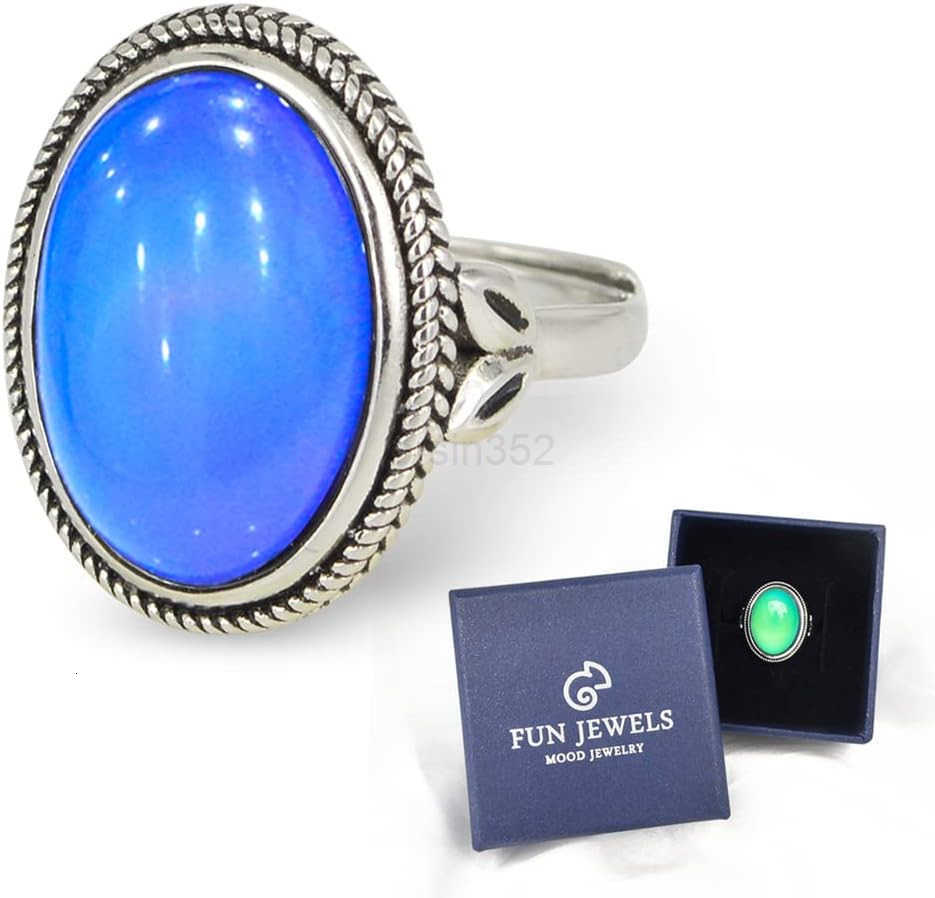Style Antique Silver Plating Brass Oval Stone Color Change Mood Ring Size AdjustableW250908