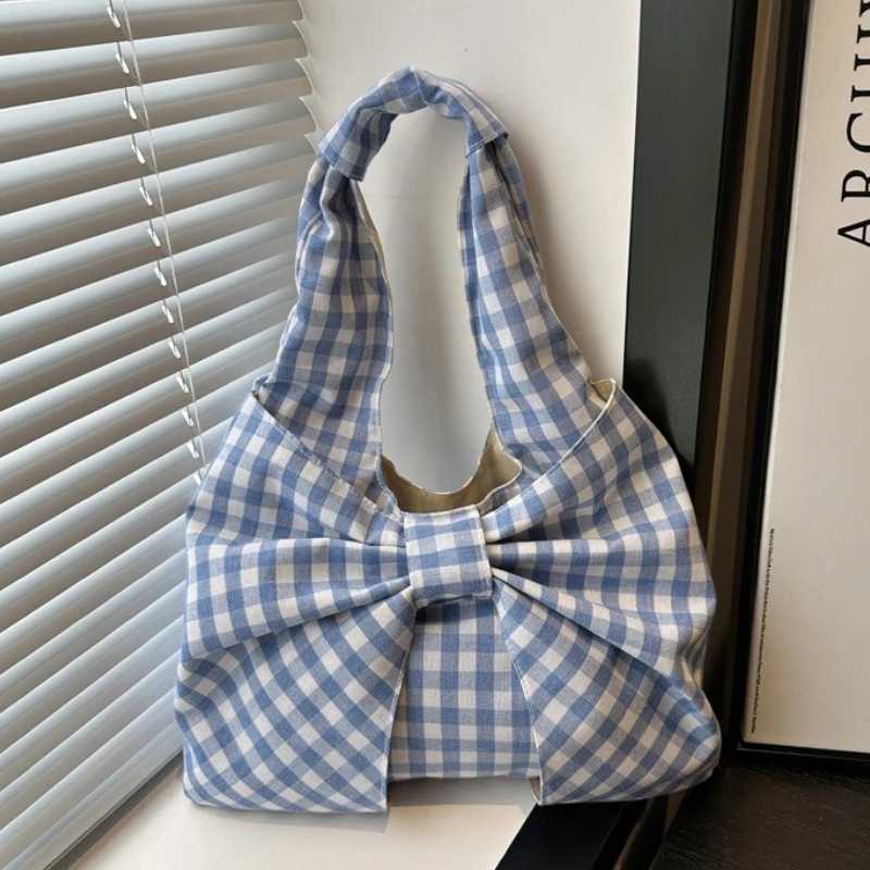Retro Bow Plaid Womens Shoulder Bags Simple Commuter Ladies Underarm Vest Bag Casual Portable Female Shopping Handbags Tote R250908