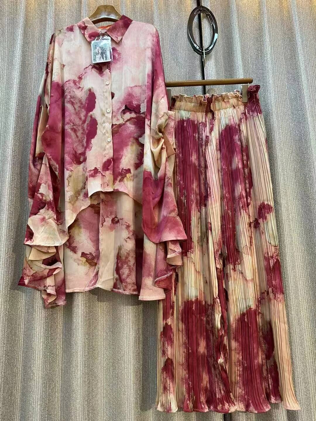 2025 design Luxury Printed Single breasted Long sleeved Shirt with Elastic Waist, Wide Leg Pants, Two piece Autumn/Winter New Designer Clothing