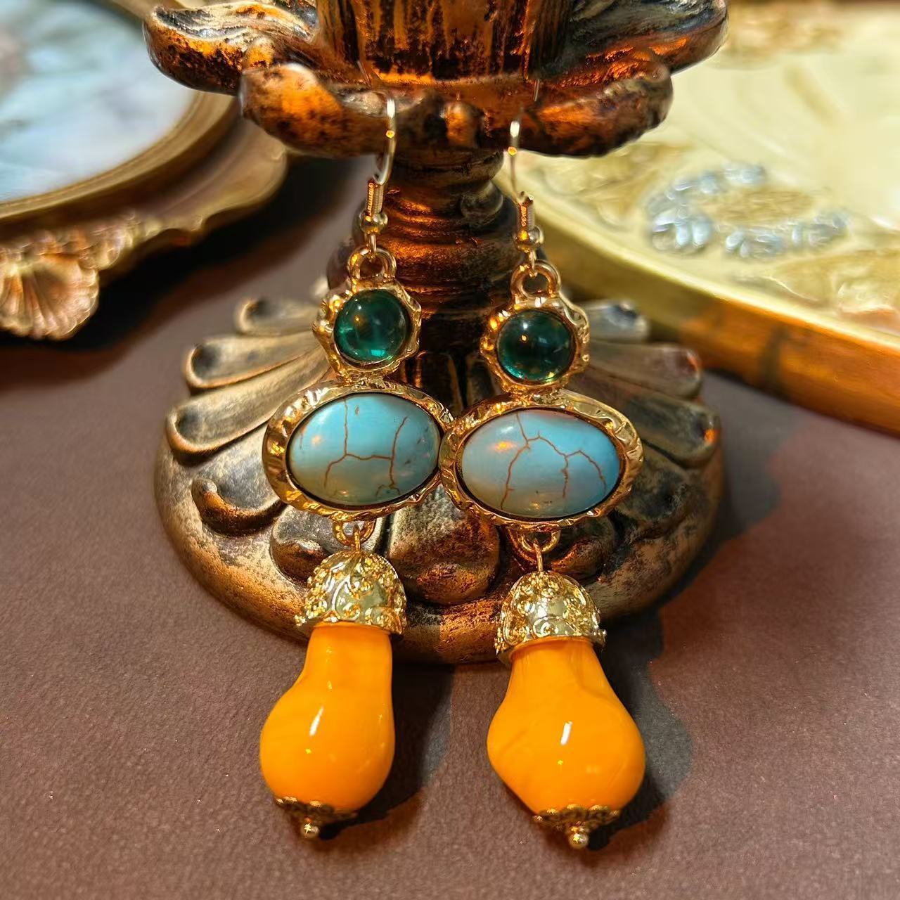 YYGEM Blue Turquoise Nugget Shape Gold Plated Brushed Bead Dangle Hook Earrings office style for women 240910