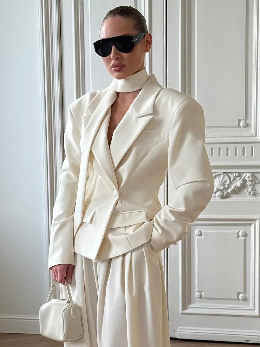 Blubelle Autumn Winter Womens Belted Neckline Tie Blazer Structured Shoulders Short Jacket Elegant Office Commuting Coat 250908