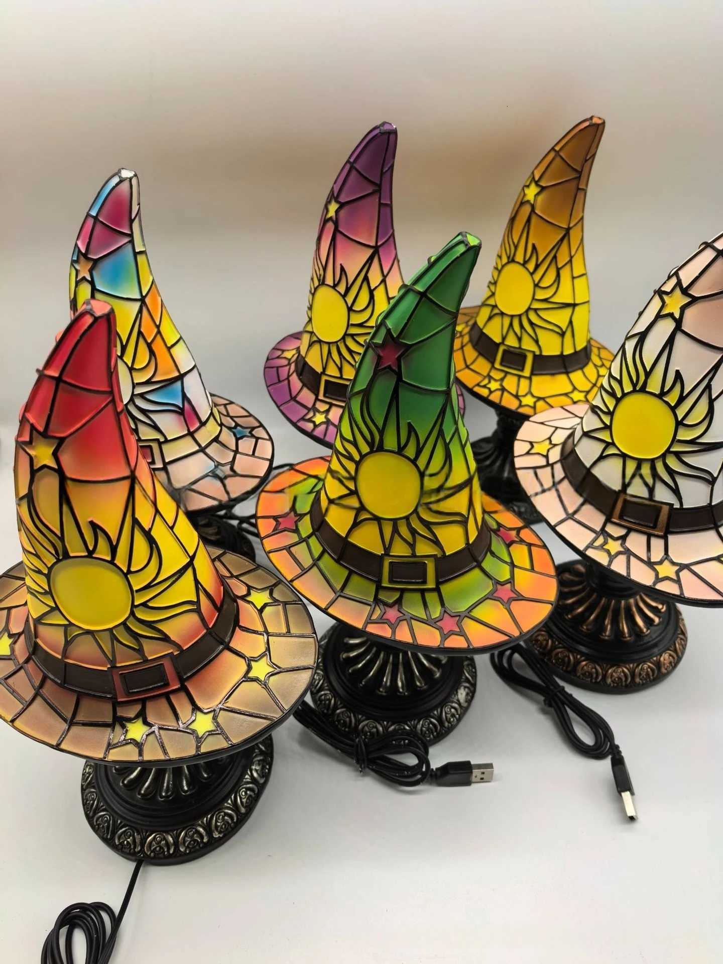 Stained Glass Witch Hat Lamp Bedside Night Light Halloween Decor Perfect for Halloween Decorations Haunted Houses Living RoomsXJ250908