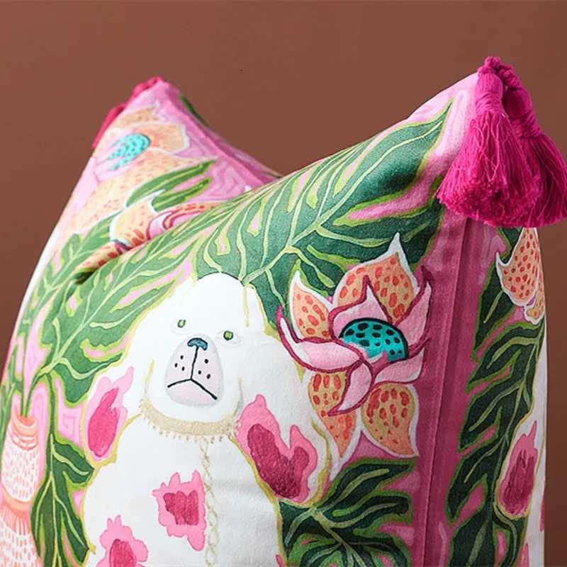 Luxurious Vintage Double Side Cushion Cover Dog with Vase Flower Chinese French Home Decoration Sofa Pillowcase Shell Animal Square Y251108