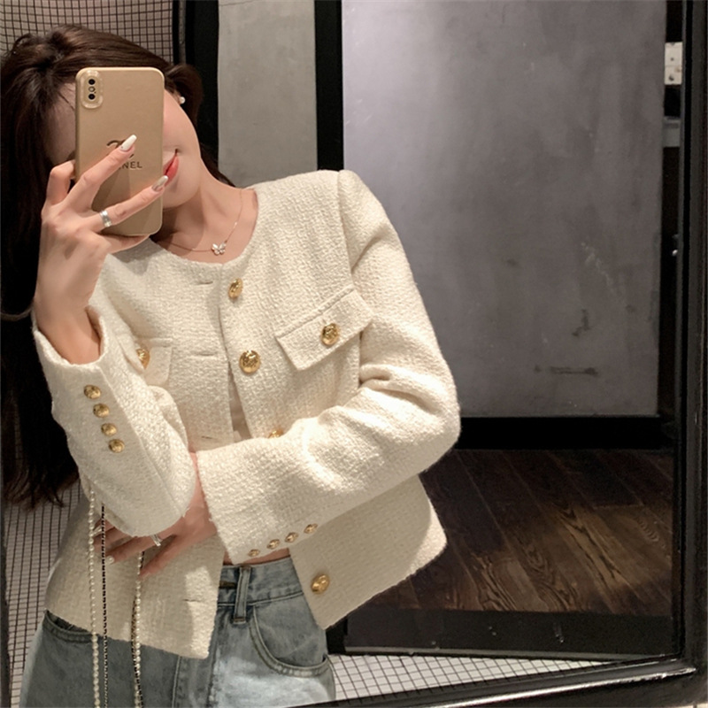 Women's Jackets Vintage Black Tweed Jacket Women Spring Autumn Golden Button Wool Coat Wide-waisted Long-sleeve Business