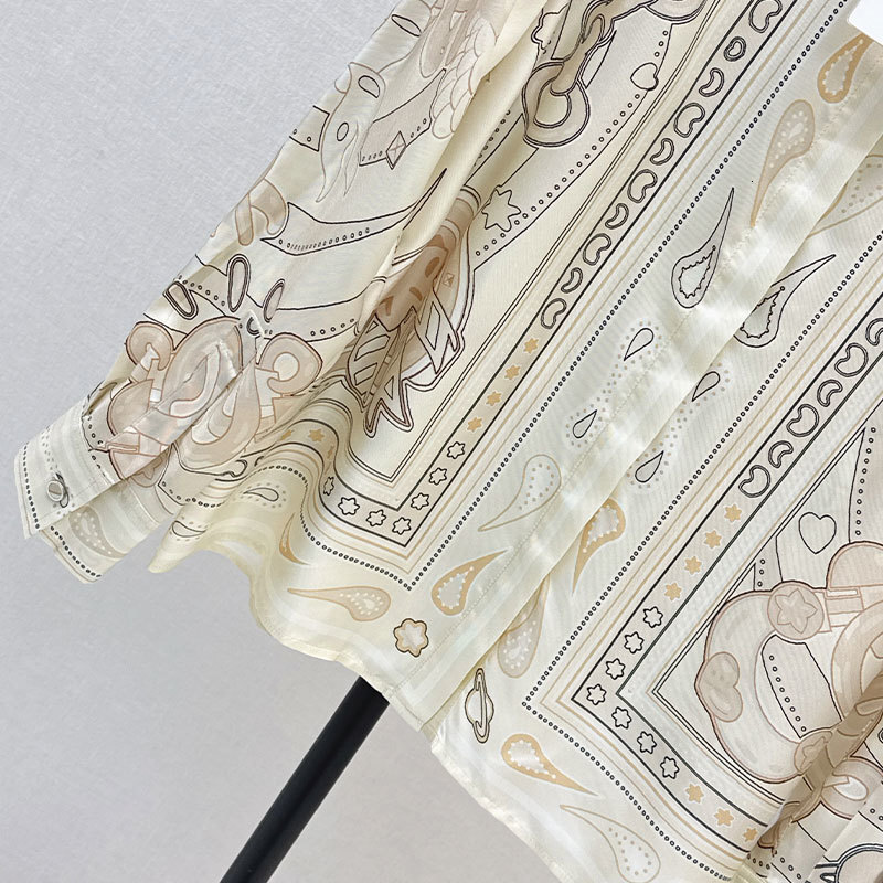 Designer Y2K Fall New Ladies Beige Printed Silk Shirt, Single-Breasted Notch Lapel H-Line Classic Blouse, Luxury Long Sleeve Clothing S0917