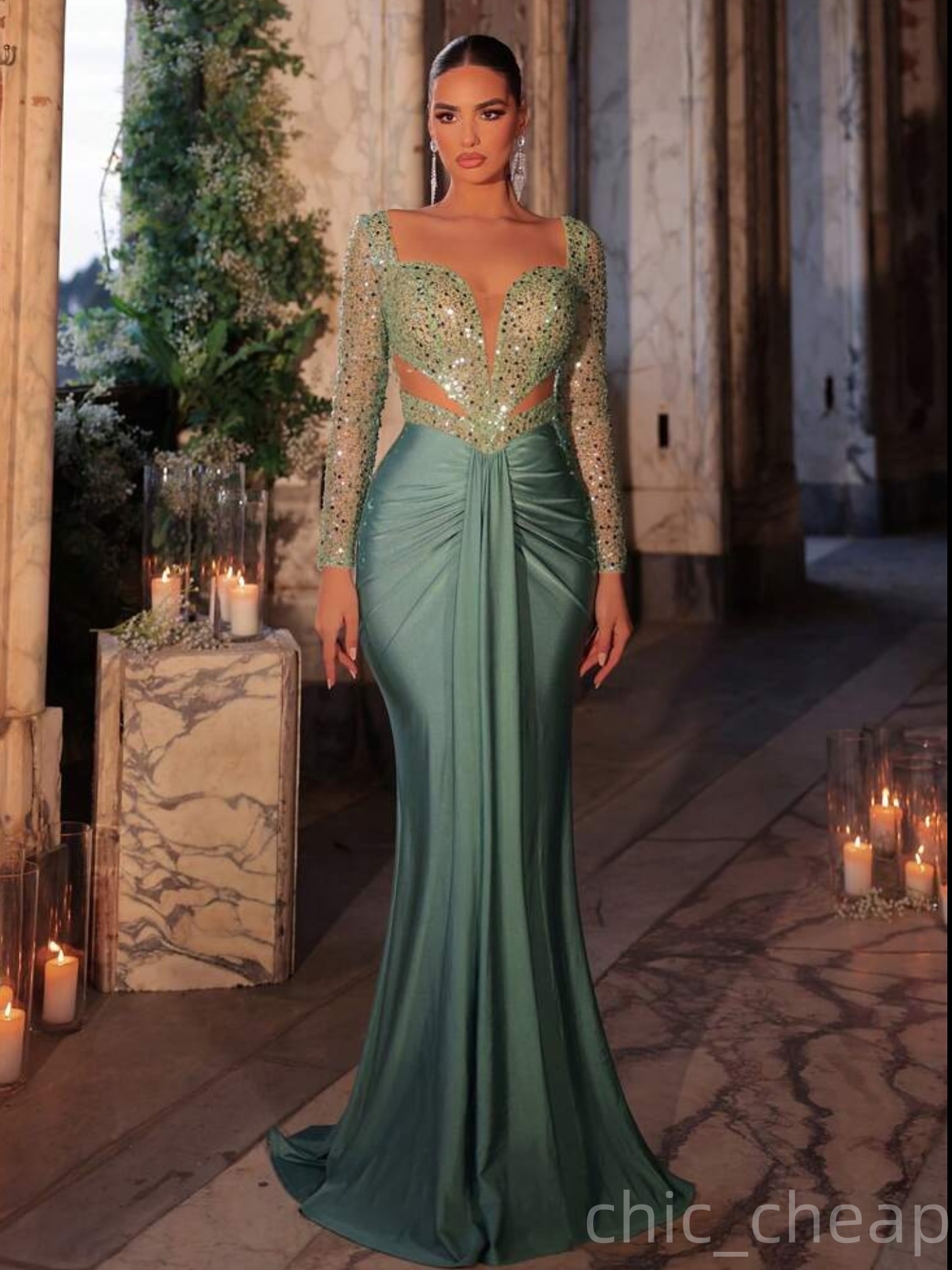Aso Ebi Sage Mermaid Prom Dresses 2025 Sequined Satin Full Sleeves Simple African Evening Formal Party Second Birthday Engagement Dress Gowns robe de 