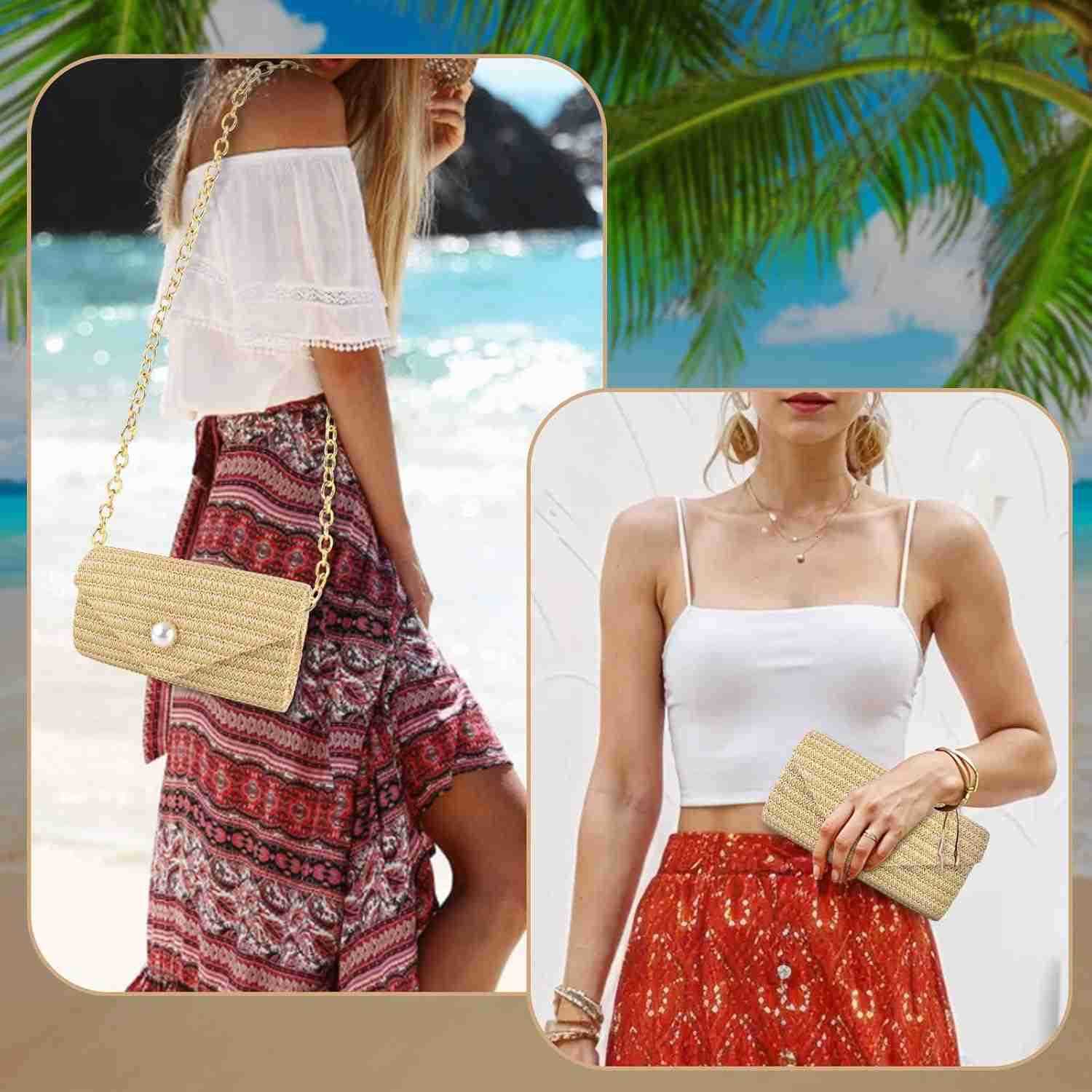 Straw Clutch Purse for Women Pearl Decoration Boho Crossbody Bags Handbags for Beach Travel Vacation Party PromW250908