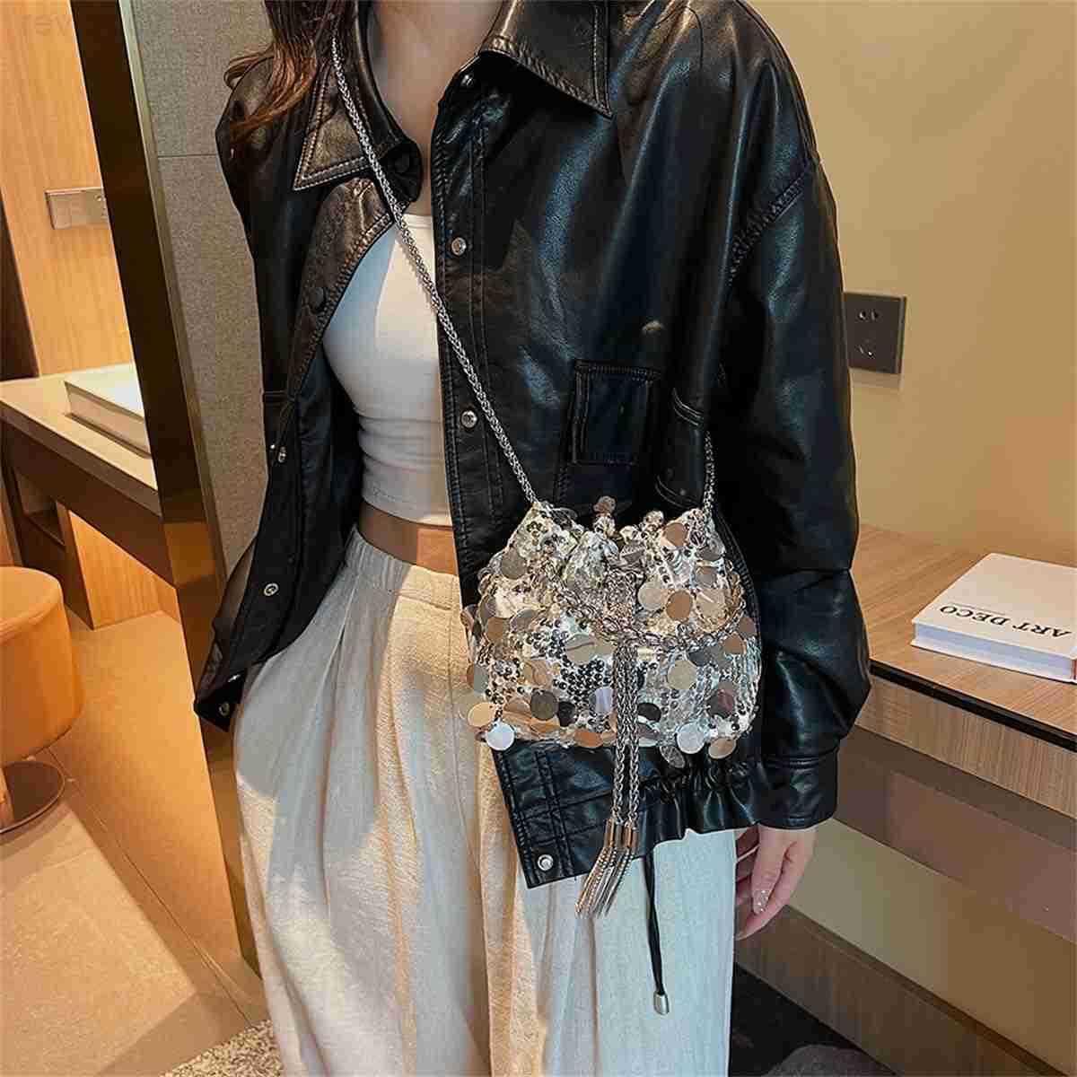 Women Sparkly Sequin Clutch Purse Glitter Metal Tassel Evening Handbag Crossbody Bag for Party Prom BanquetW250908