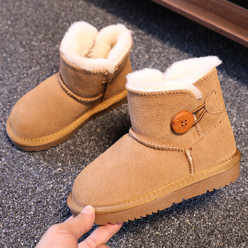 Free Shipping 2025 New Kids Genuine Leather Snow Boots Single Buckle Design Winter Thermal Thickened Anti-Slip Fleece Lined Booties for Boys Girls EU 