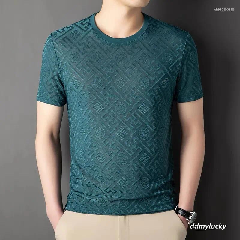 Men's T Shirts High End Brand Fashion Printed Short Sleeve T-Shirt Men Summer Ice Silk Plaid Round Neck Casual Breathable Top ddmyLucky