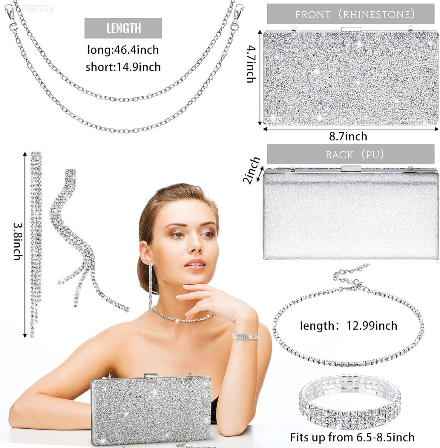4 Pieces Women Rhinestone Evening Clutch Bag Bling Earring Necklace Bracelet for Wedding FormalW250908