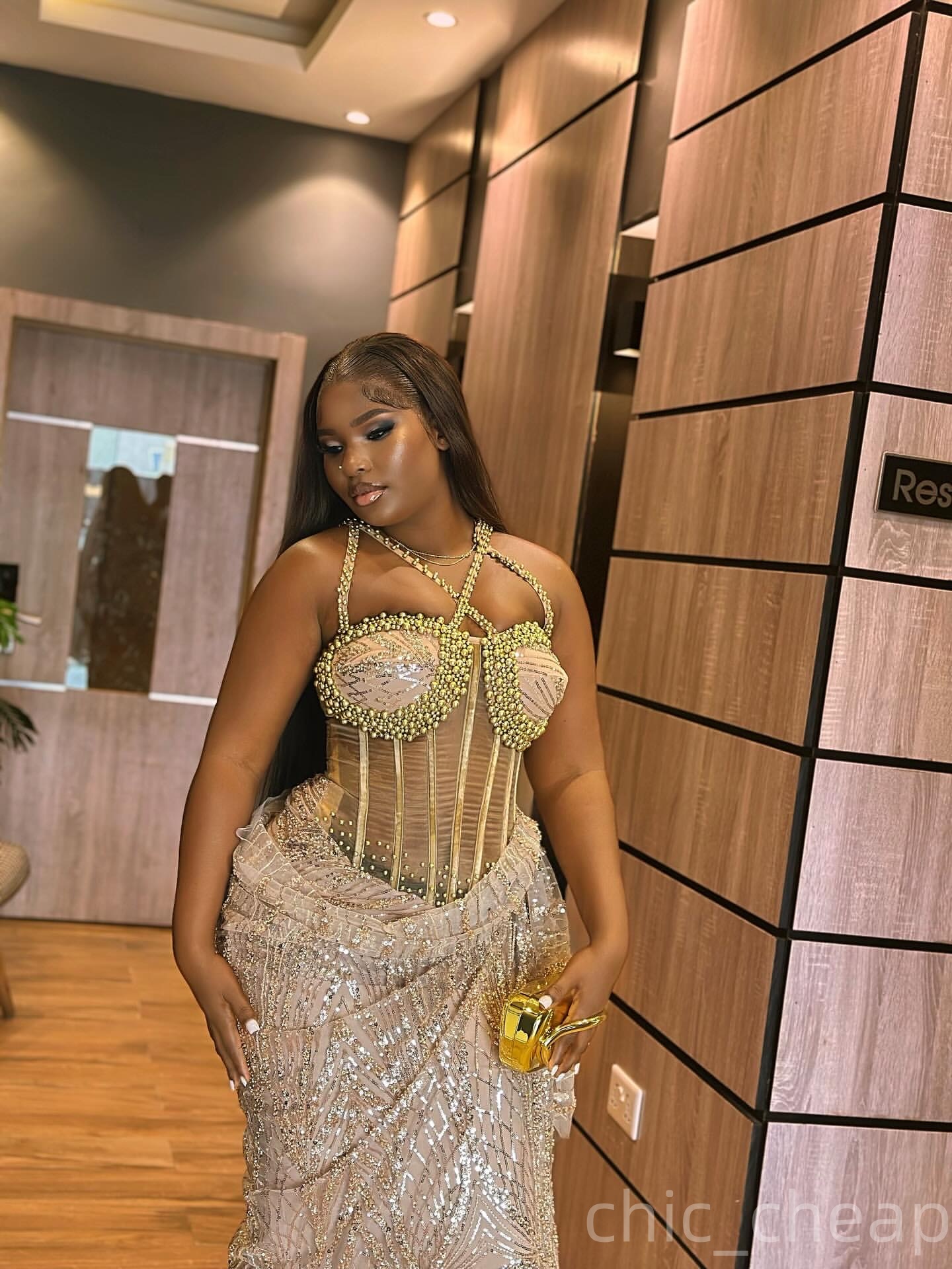 Aso Ebi Champagne Straight Prom Dresses 2025 Spaghetti Beaded Sequined African Evening Formal Party Second Birthday Engagement Dress Gowns robe de mar