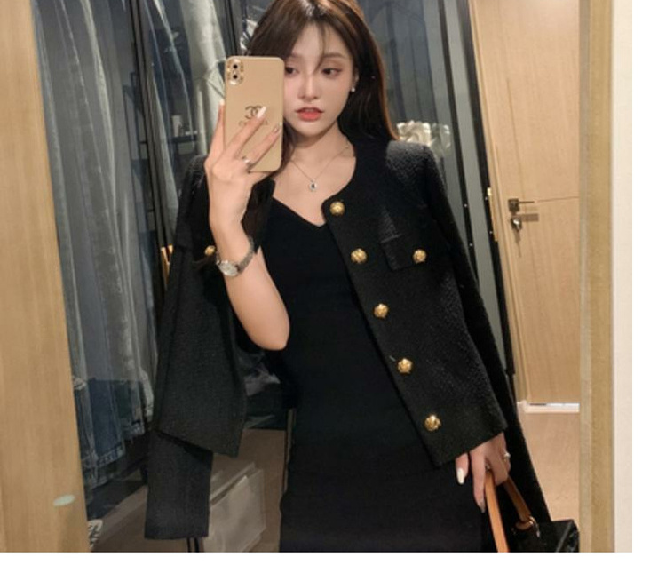 Women's Jackets Vintage Black Tweed Jacket Women Spring Autumn Golden Button Wool Coat Wide-waisted Long-sleeve Business