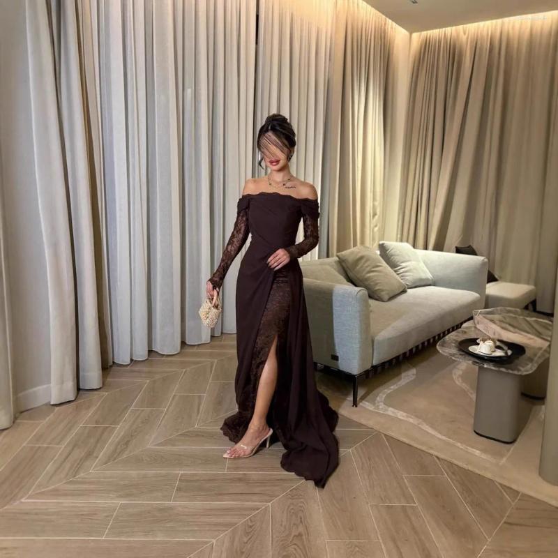 Casual Dresses 2025 Vintage Spring Summer Fashion Women's Solid Color Long Sleeve Floor Length Slash Neck Lace Spliced Trendy Dress