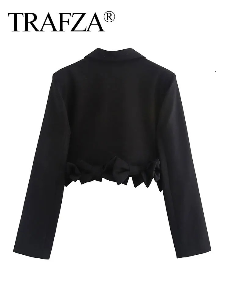TRAFZA Female Elegant Spring Causal Blazer Solid Color TurnDown Collar Long Sleeves Bow Decorate High Street Cropped Coats 250908