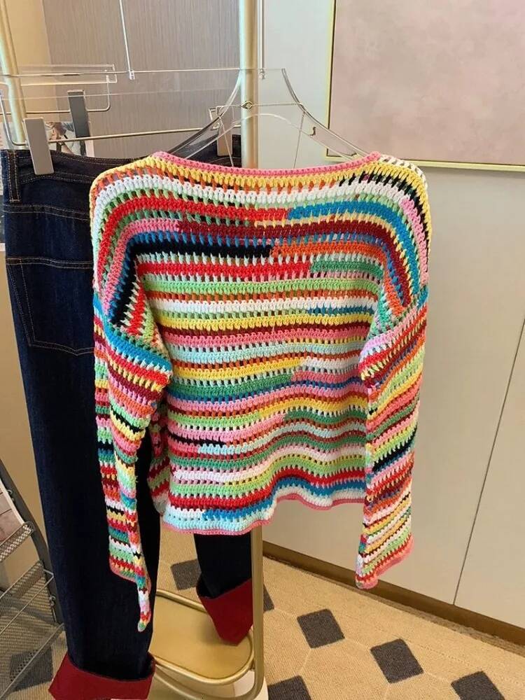 2025 Rainbow Stripe design Woven Cardigan Lace Design Knitted Coat Women's Trendy Aging Sweet Top New Designer Clothing