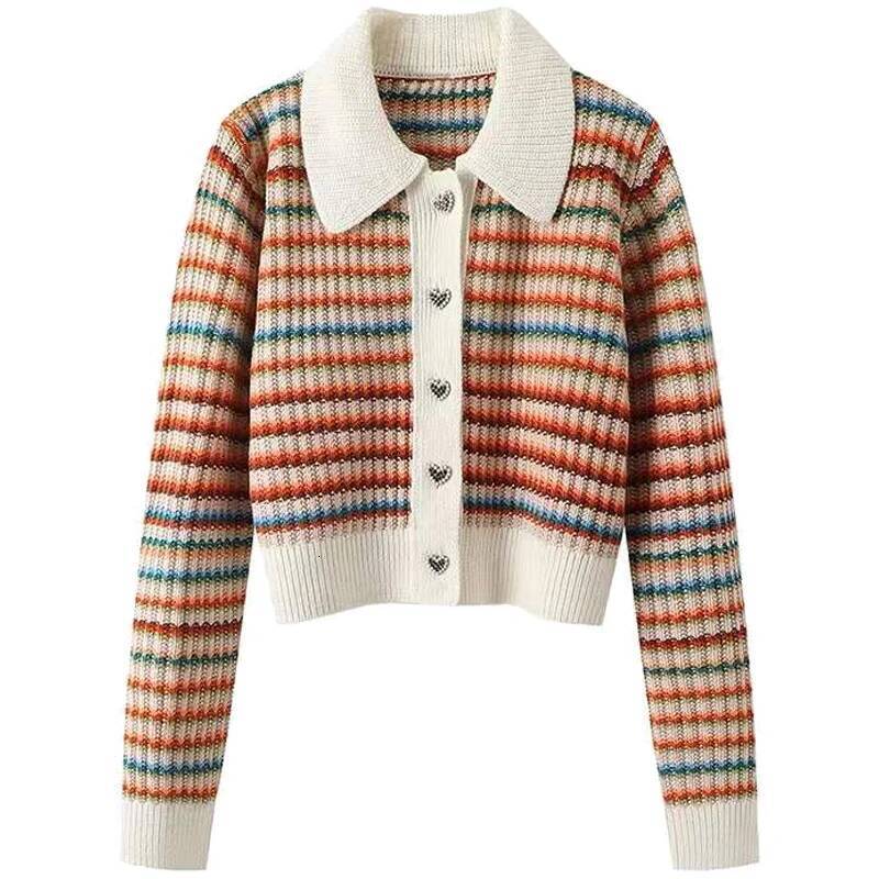 2025 Women's Trendy S design Color Striped Knitted Cardigan Spring and Autumn Short Sweater Fashion Slim Fit Collar Loose Top Autumn and Winter N