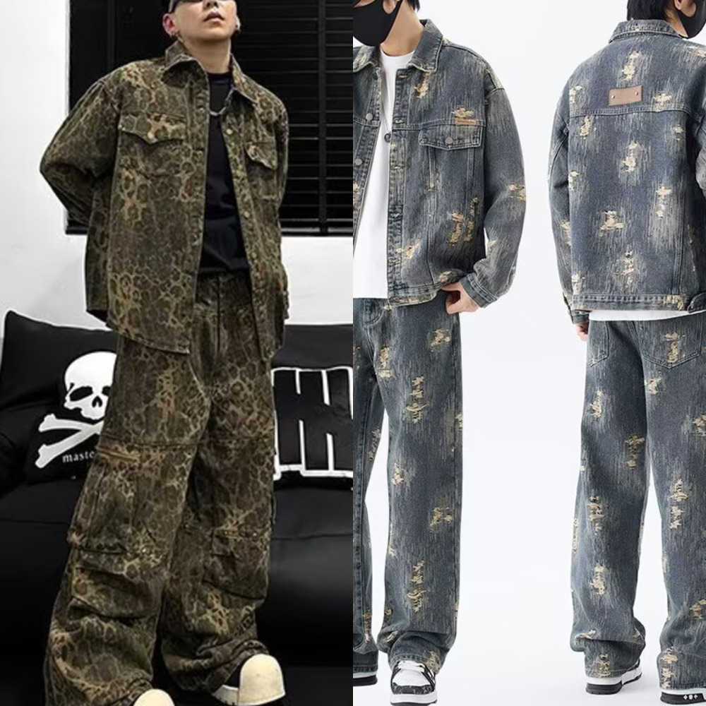 Vintage Leopard Camouflage Jeans Jacket Two Piece Y2K Suit Mens Womens Letters Patch Embroidery Oversized Coats Jeans ClothesZ250529