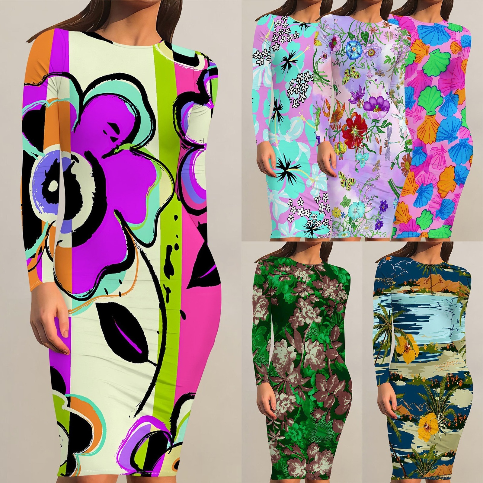 Hotselling Womens Fashionable Commuting Casual Printed Longsleeve Round Neck Midlength Dress 210806