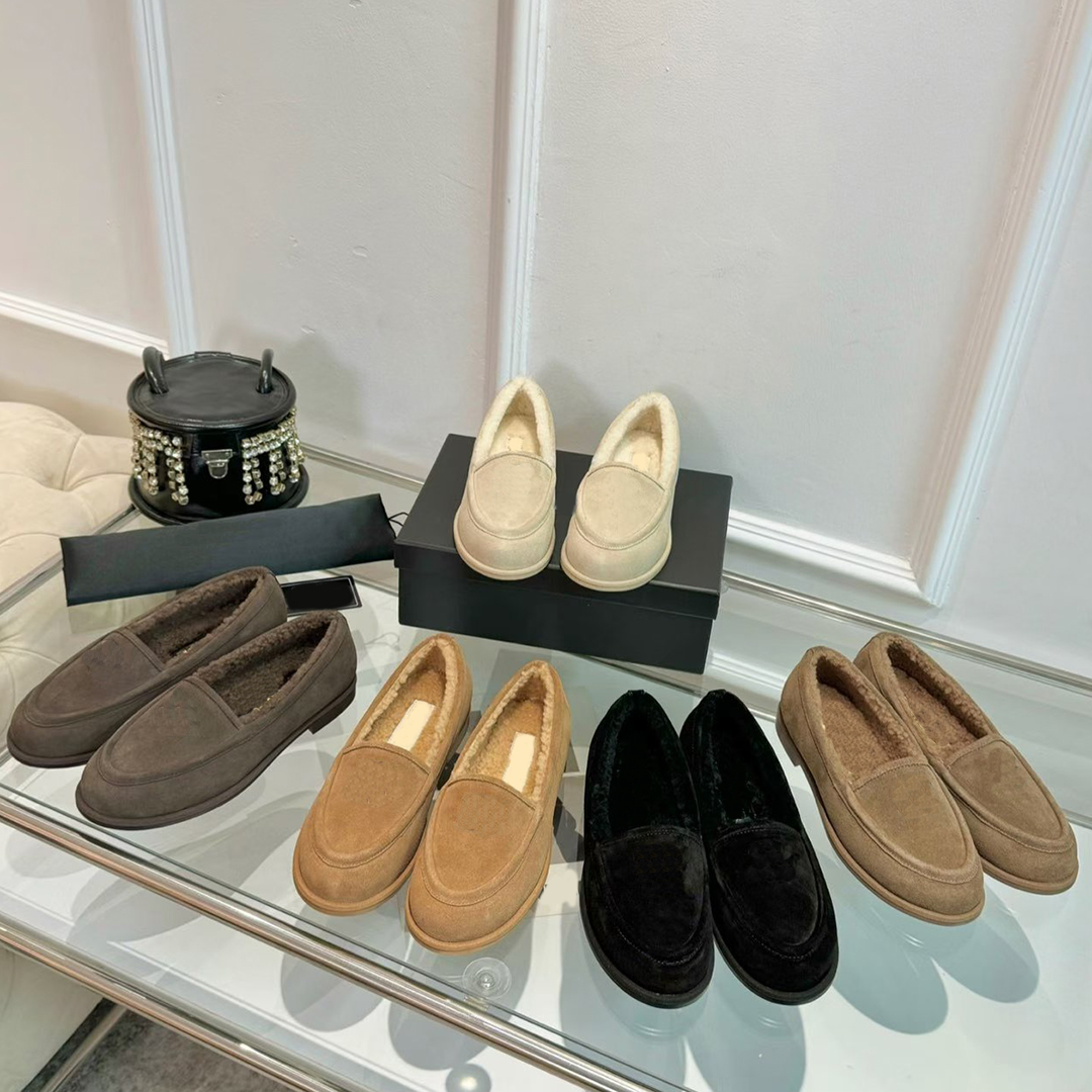 Dress Shoes Designers wool Loafers for women 25Winter top quality cowhide cashmere Classic buckle Low Heel comfortable and warm Lady shoe 35-41