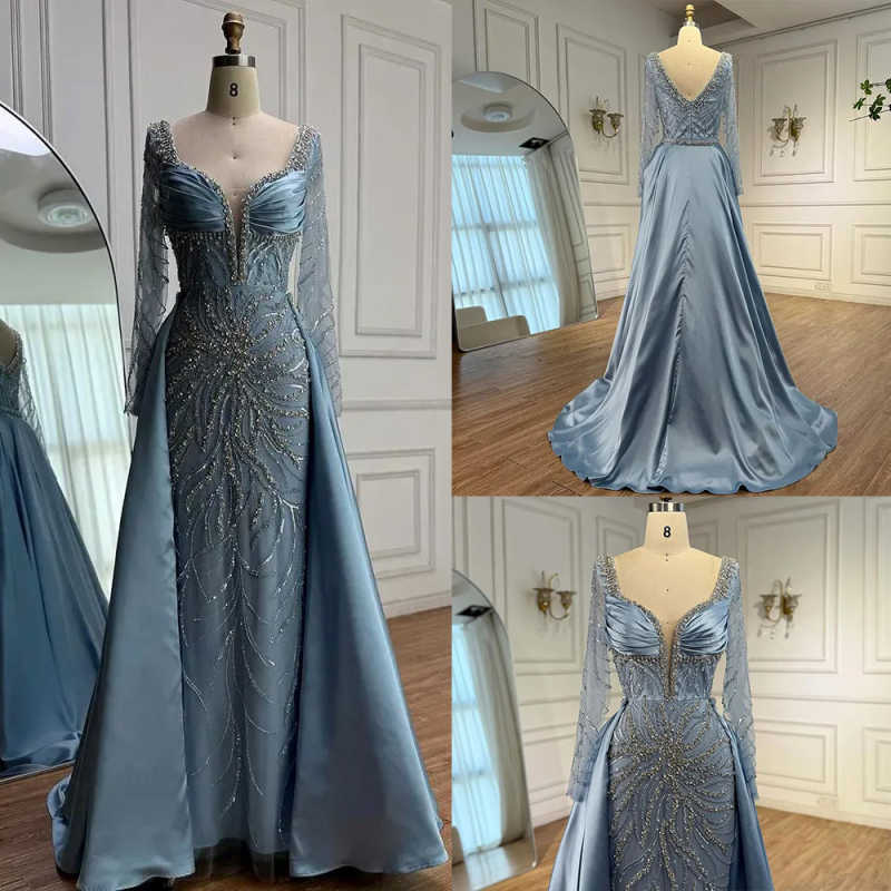 Luxury Designer Blue Beaded Evening Prom Dress with Long Sleeves Gown for Women Party Customized Serene Hill