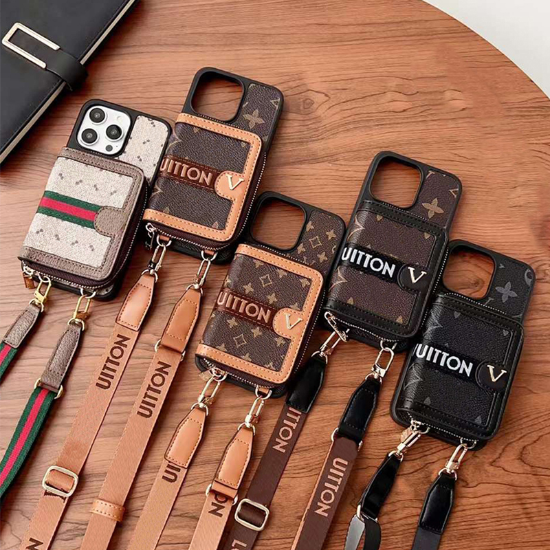 Designer Wallet Phone Case Luxury iPhone Case Leather Card Holder for Apple iPhone 17 16 15 Pro Max 14 13 12 11 Xr Fashion Crossbody Mobile Cover Lanyard Cell Phone Cases