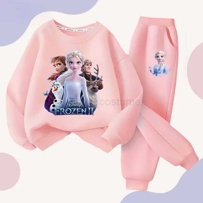 Disney Spring Autumn Frozen Elsa and Anna Princess Cartoon Printed Tracksuits Kids Long Sleeve Sports Twopiece Suit Sweatshirt H250908