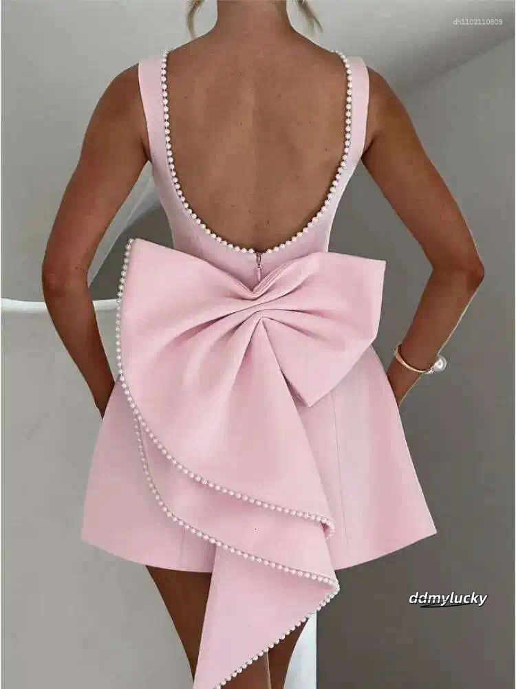 Elegant Mini Dress With Pearl Bow Detail - Perfect For Parties, Weddings, And Special Ocns ddmyLucky ddmyLucky ddmyLucky