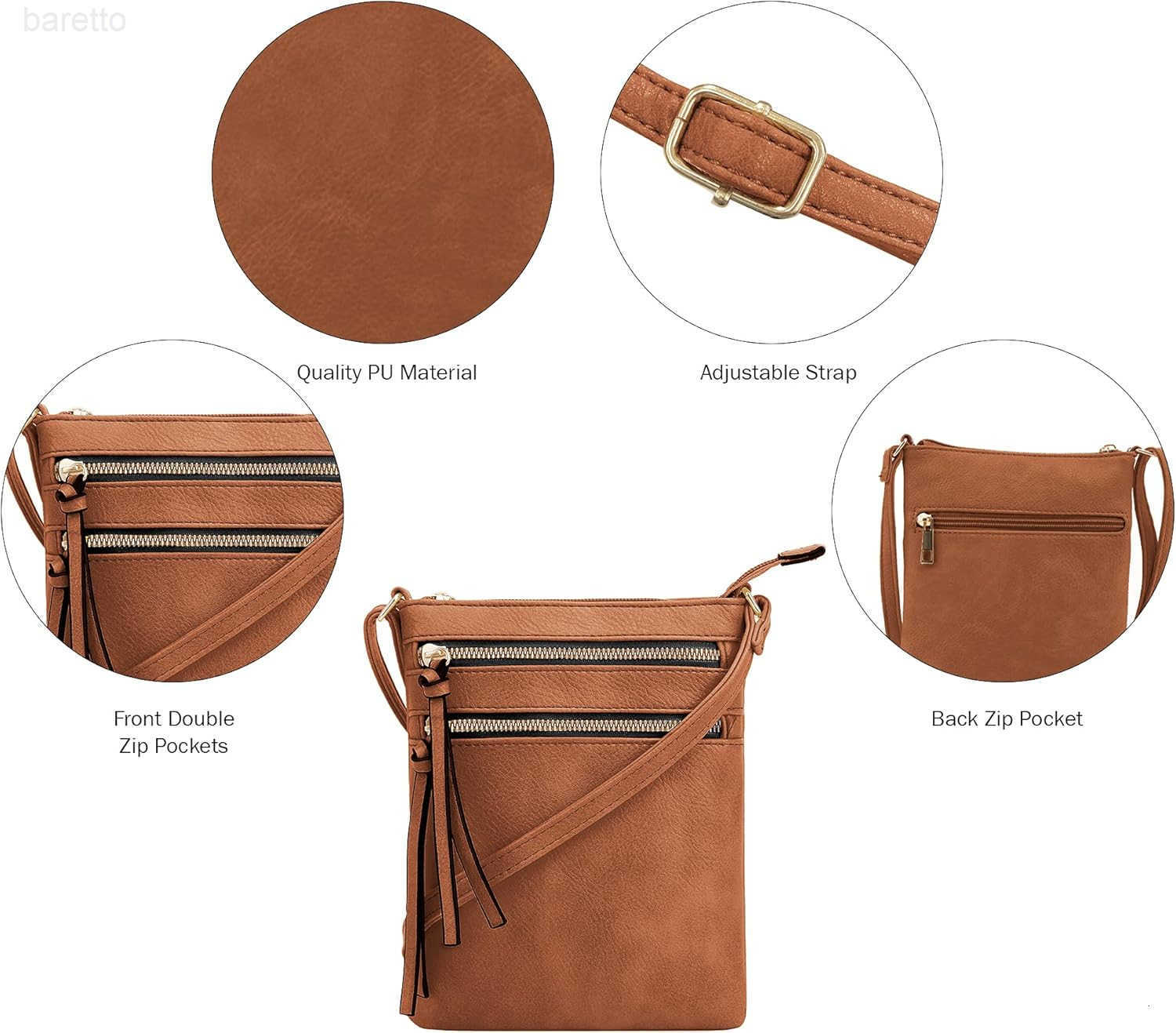 Crossbody Purse Bag Functional Multi Pocket Double Zipper Purse Adjustable Strap Medium Size Purse Cognac Z250909