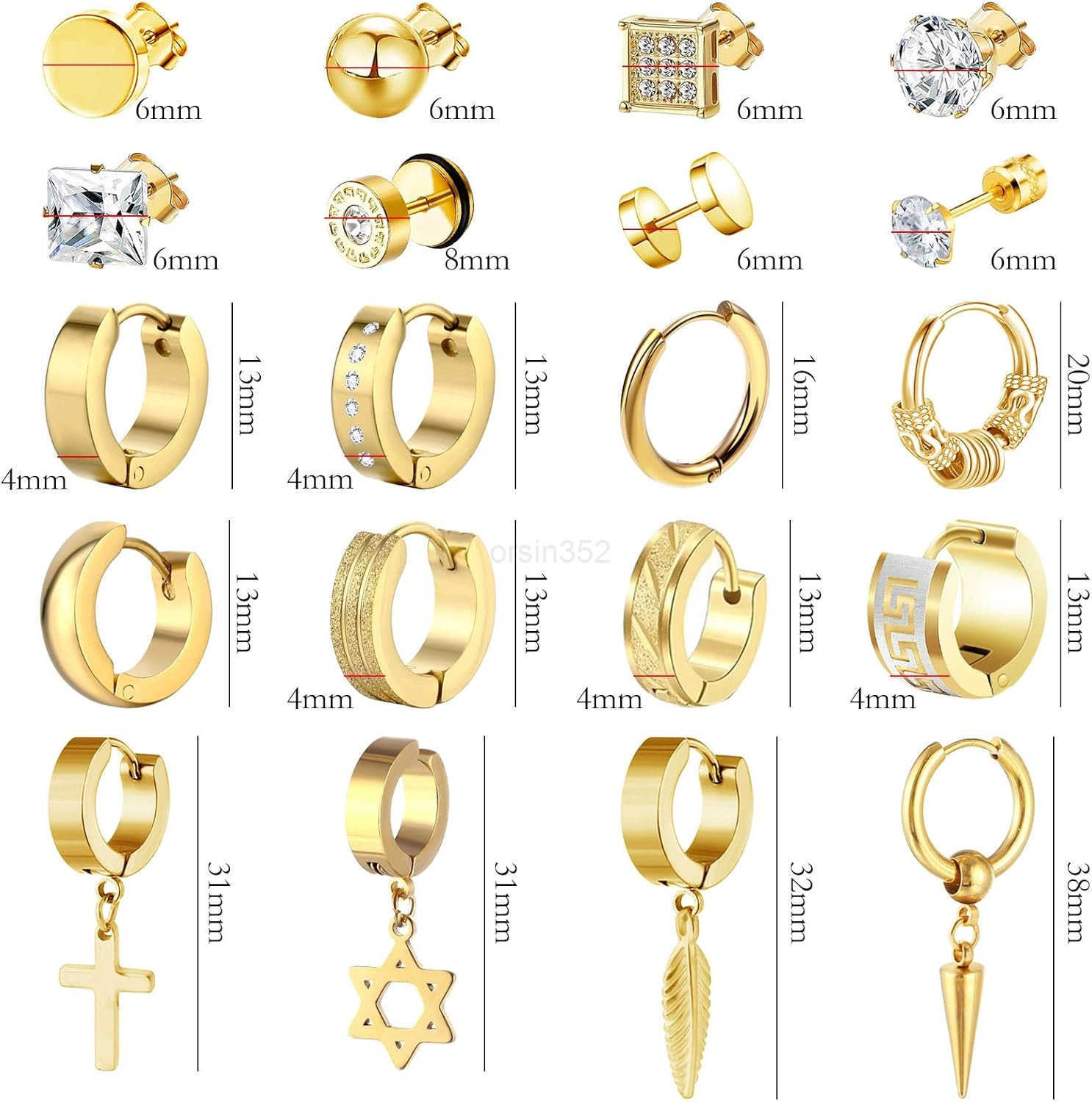 20 Pairs Stainless Steel Stud Earrings for Men Hypoallergenic Earring Unisex Punk Earring Hoop Hinged Dangle Cross Earrings for Men WomenW250909