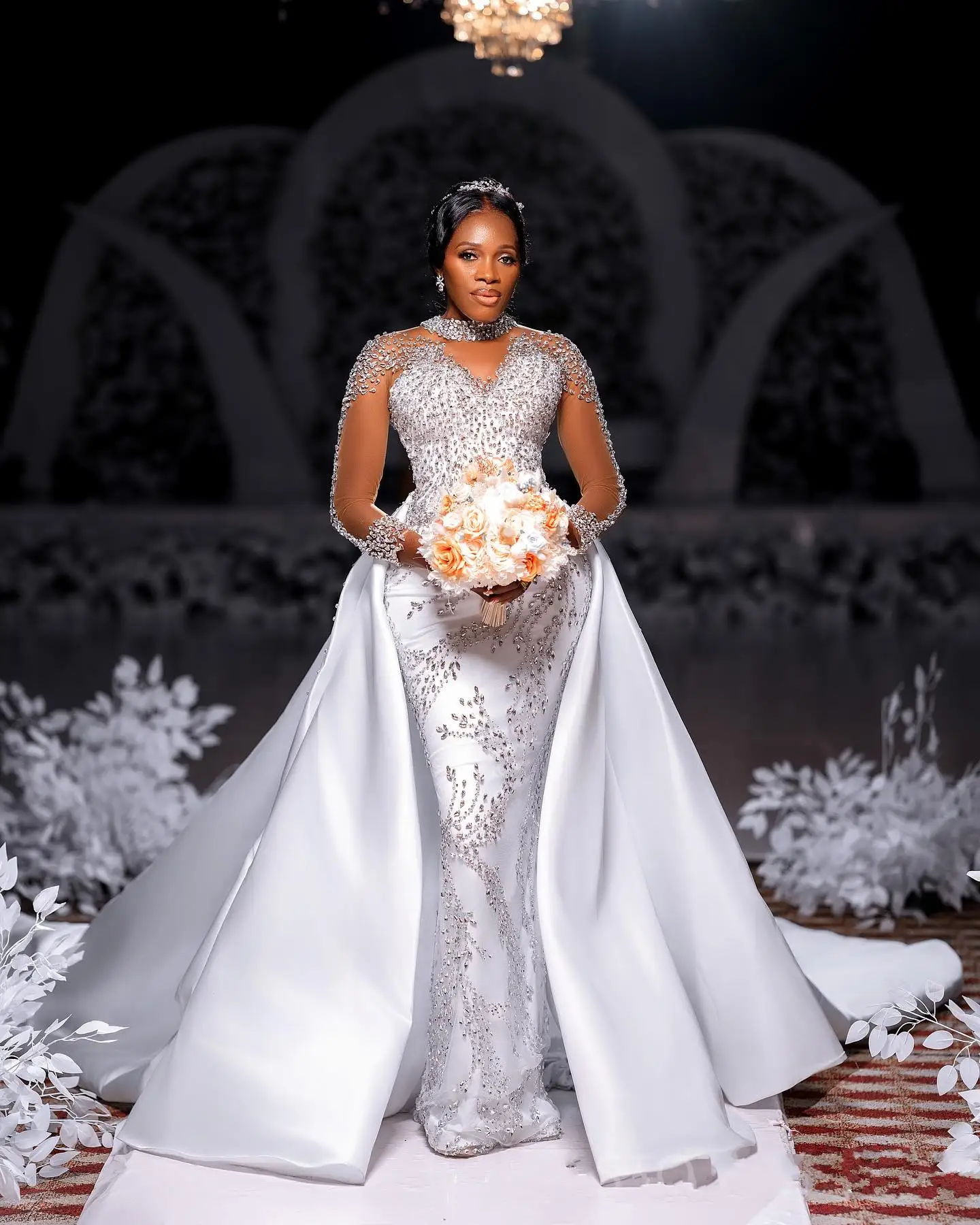 2025 African Luxurious Mermaid Wedding Dresses Overskirts Satin High Neck Rhinestone Crystal Beads Illusion Long Sleeves Illusion Girl Bridal Wedding 