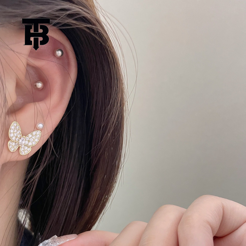 TB BHULAMTE Free Shipping New Designer Accessories Asymmetric Shell Butterfly Earrings Micro-inlaid Zircon Earrings Style Elegant Simple Versatile Ear