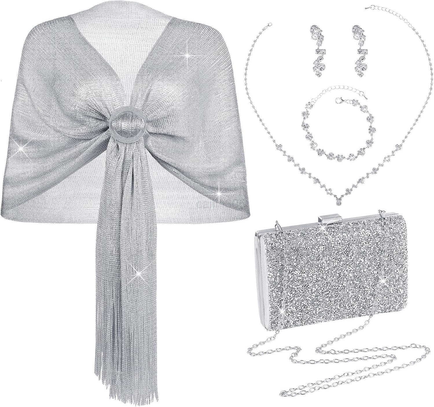 5 Pcs Women Accessories Including Shawls and Wraps Clutch Purse Rhinestone Jewelry Sets for Wedding Bridal Party Z25909