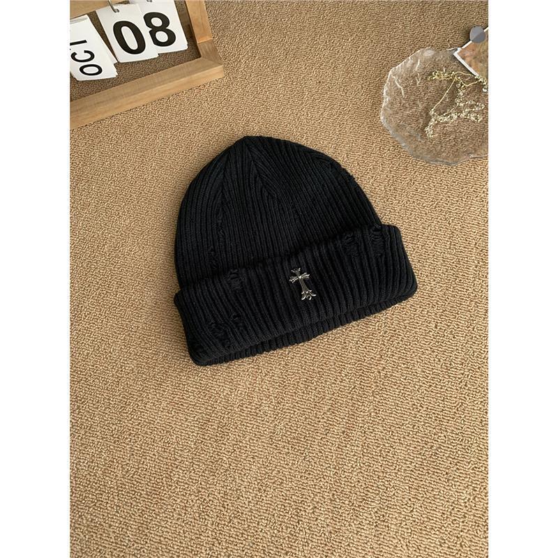 designer hat autumn winter high street fashion distressed knitted unisex versatile metal wool hat couple beanie cap