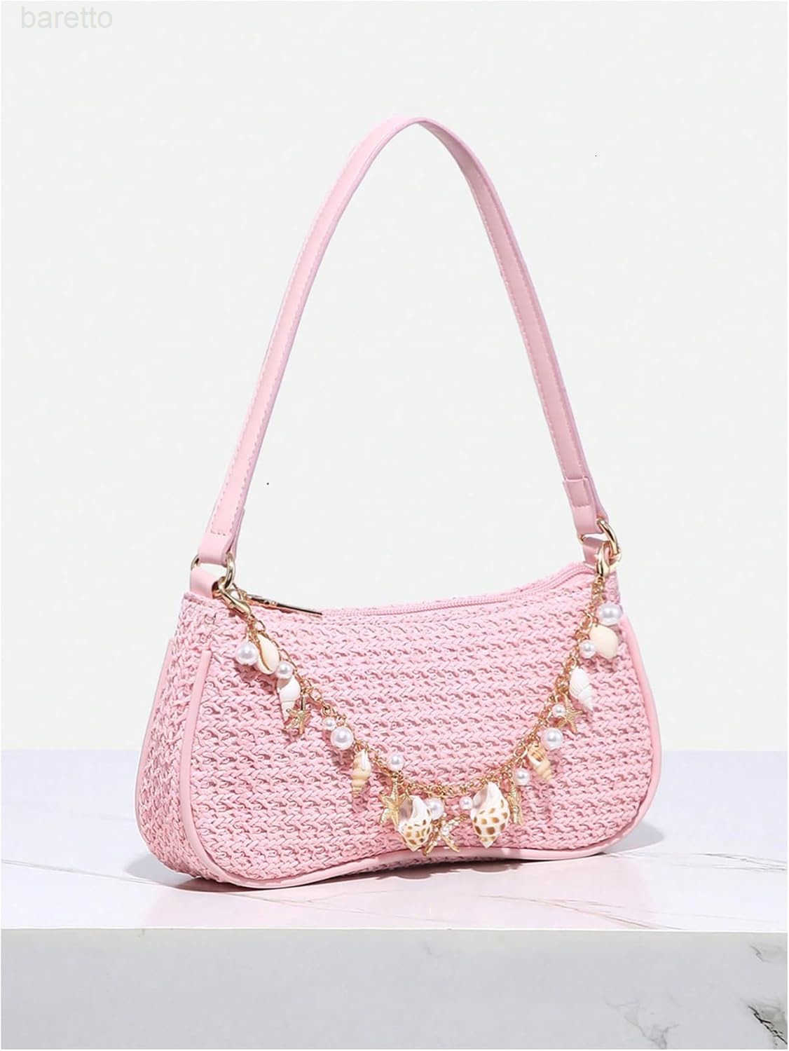 Womens Boho Seashell Pearl Beaded Straw Bags Zipper Single Strap Underarm Purses Z250909