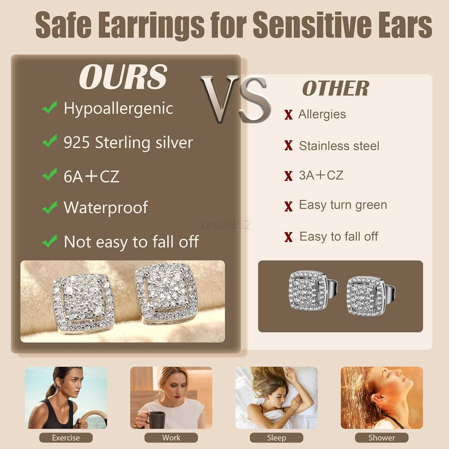 Earrings for Men Sterling Silver Mens Earrings BlackSilver14K Gold Earrings for Men Iced Out Earrings Halo Square Earrings Mens Stud Earrings SetW2509