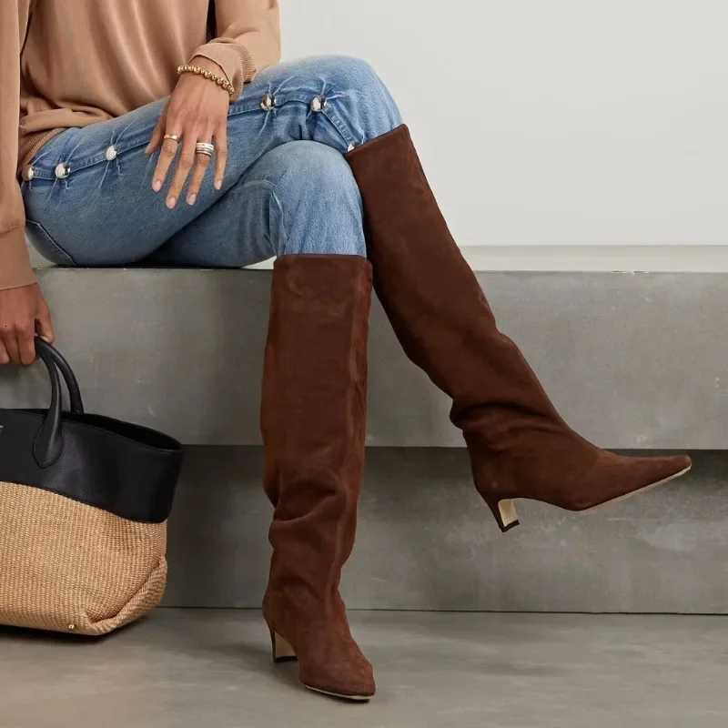 New Autumn Winter Square Toe Low Heeled Suede Long Boots European and American Fashion Black Brown Minimalist Knee High Boots Z250909