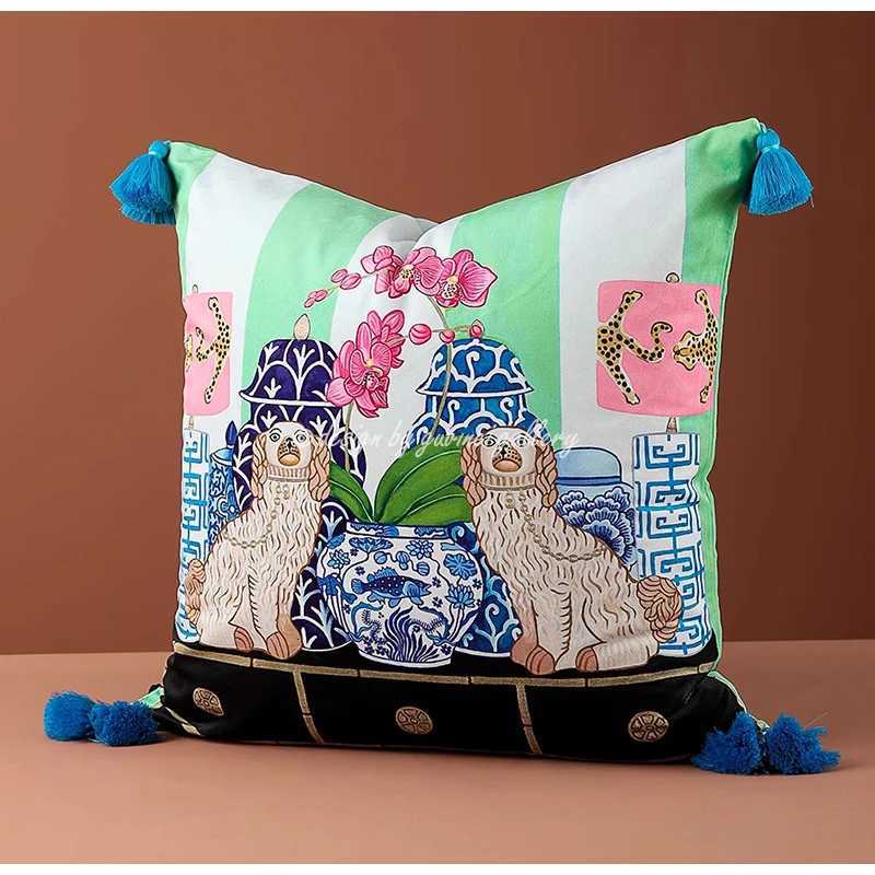 Luxurious GUVINCI Staffordshire Dogs With Chinoiserie Ginger Jar Pattern Decorative Cushion Cover Whimsical Animals Art Pillowcase Fringed Y251109