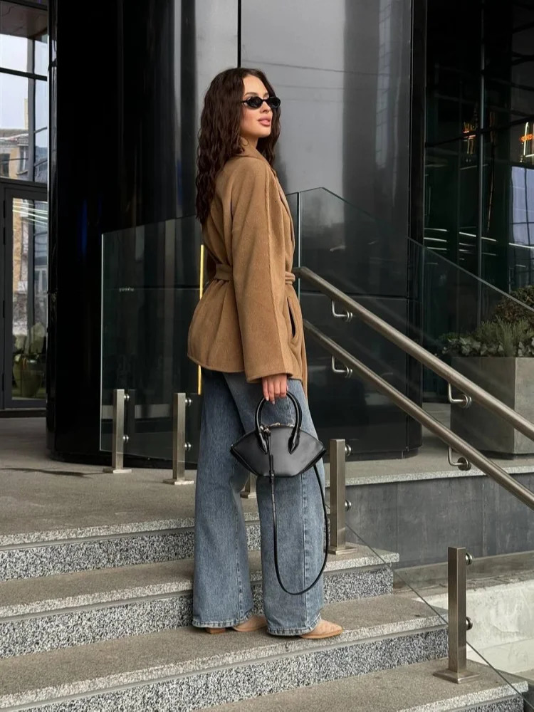 Lace Up Waist Cinching Trench Coat Woman Solid Color Lapel Long Sleeves Loose Casual Jackets Street Versatile Womens Jacket 250911