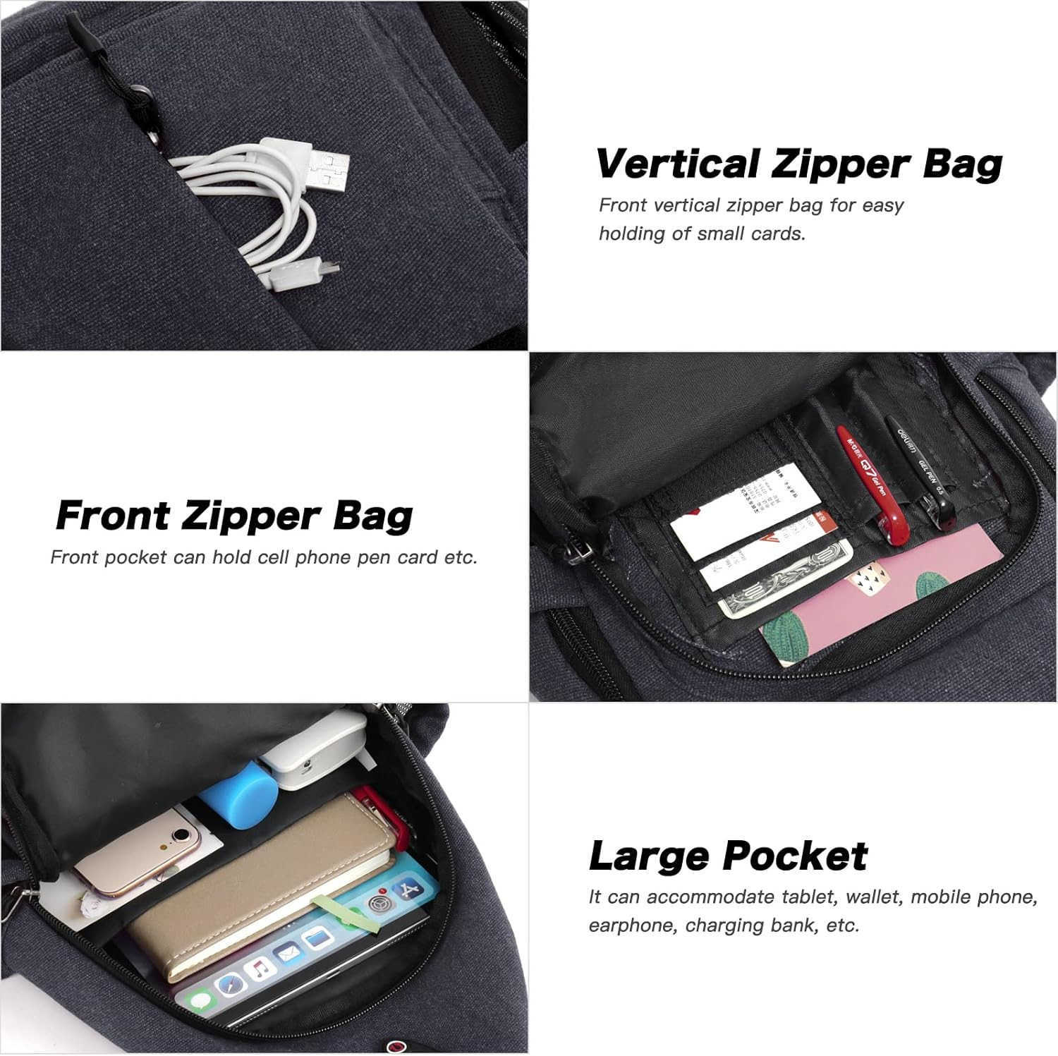 Sling BackpackCanvas Crossbody Hiking Daypack Bag with Antitheft Pocket Space Gray Z250909