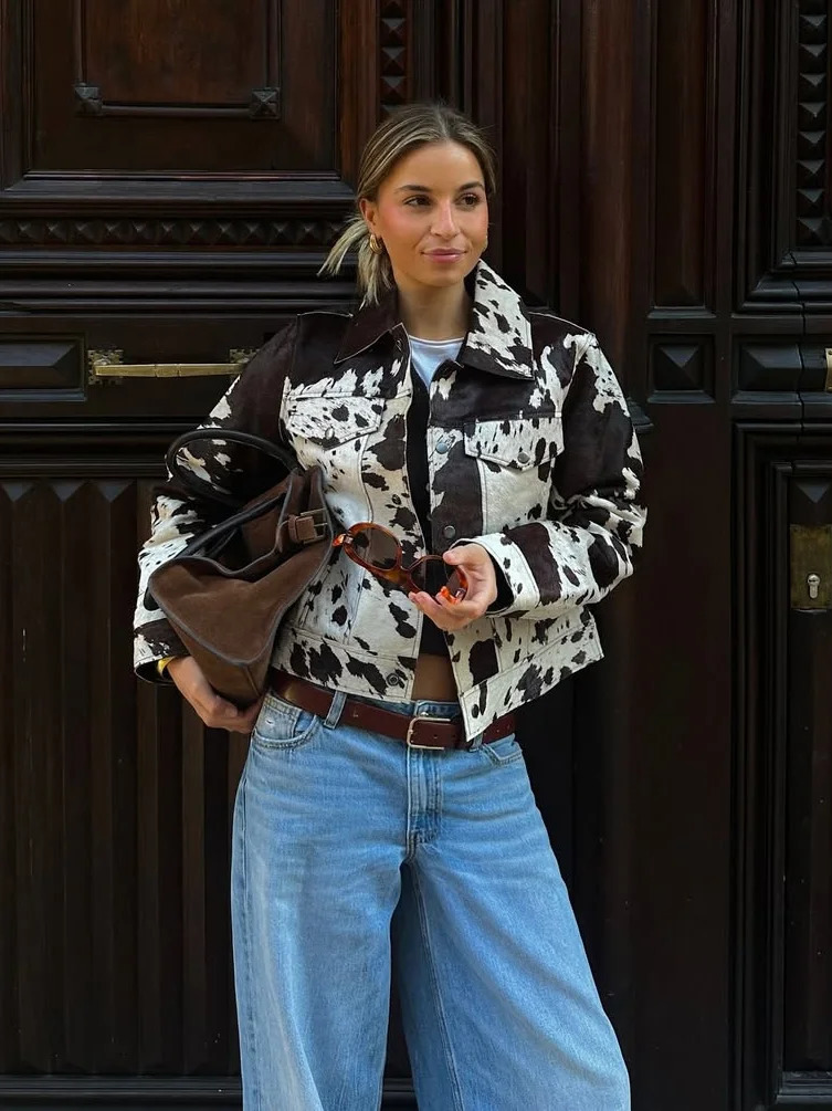 Autumn Winter Animal Cow Printed Coats For Women Elegant Single Breasted Turn Down Collar Jacket Lady Chic Street Outerwear 250909