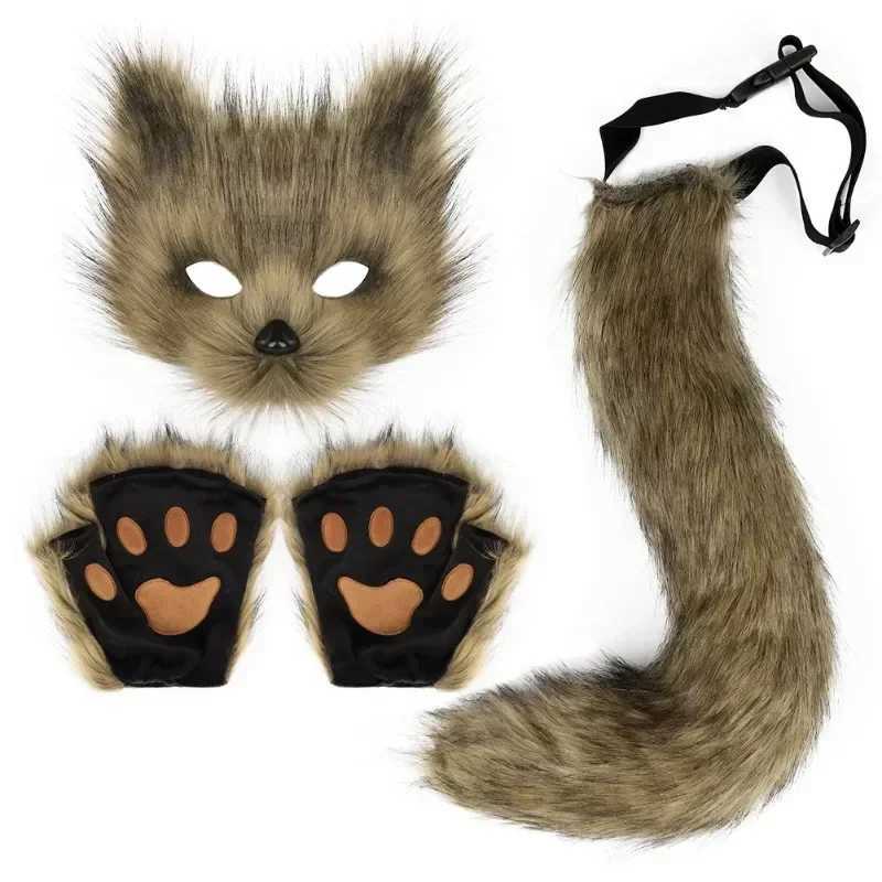 Fluffy Fur Fox Tail Cat Paws Gloves and Ears Headwear Face Mask Cosplay Costume Wolf Therian Mask Set Halloween Party Accessorie H250908