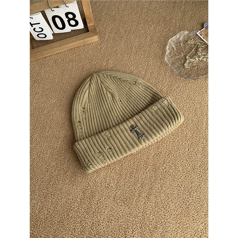 designer hat autumn winter high street fashion distressed knitted unisex versatile metal wool hat couple beanie cap