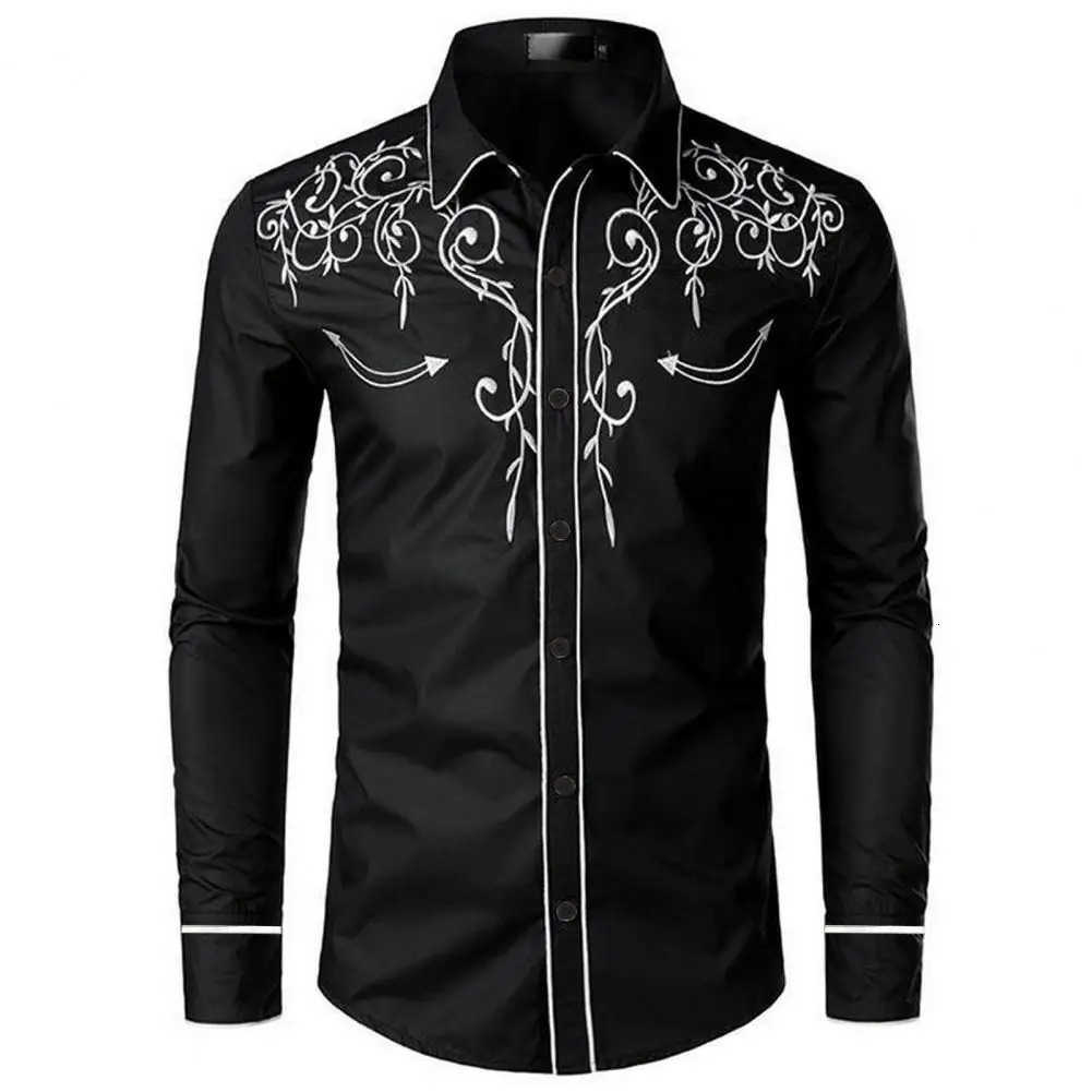 Mens Fashion Embroidered Shirt Western Cowboy Style Long Sleeve Lapel Collar Single Breasted Shirt Embroidery Casual Shirt Top Z250909