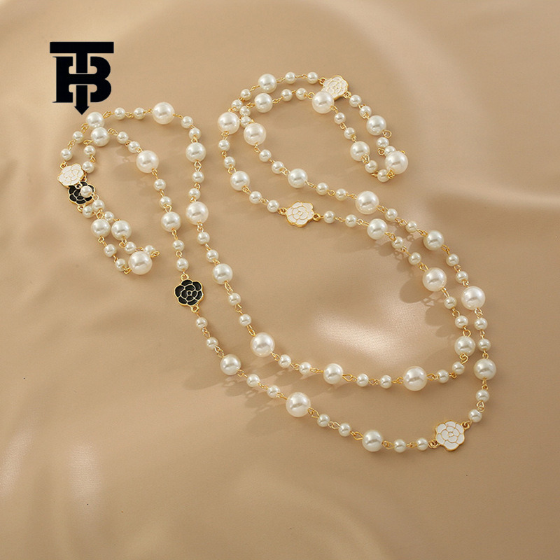 TB BHULAMTE Free Shipping New Designer Accessories Chanel Style Long Pearl Necklace Double Layer Camellia Sweater Chain For Women Trendy Autumn Winter