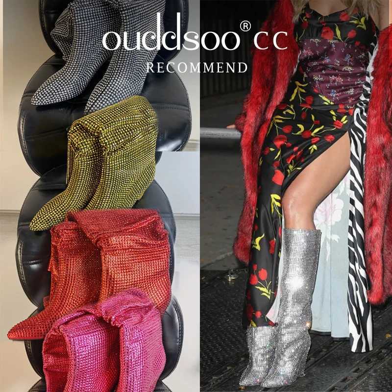 Ods Sexy Bling Silver Crystal Knee High Chunky Womens Designer Stacked Cowboy Boots Rhinestone Glitter Shoes 41jc43 Z250909