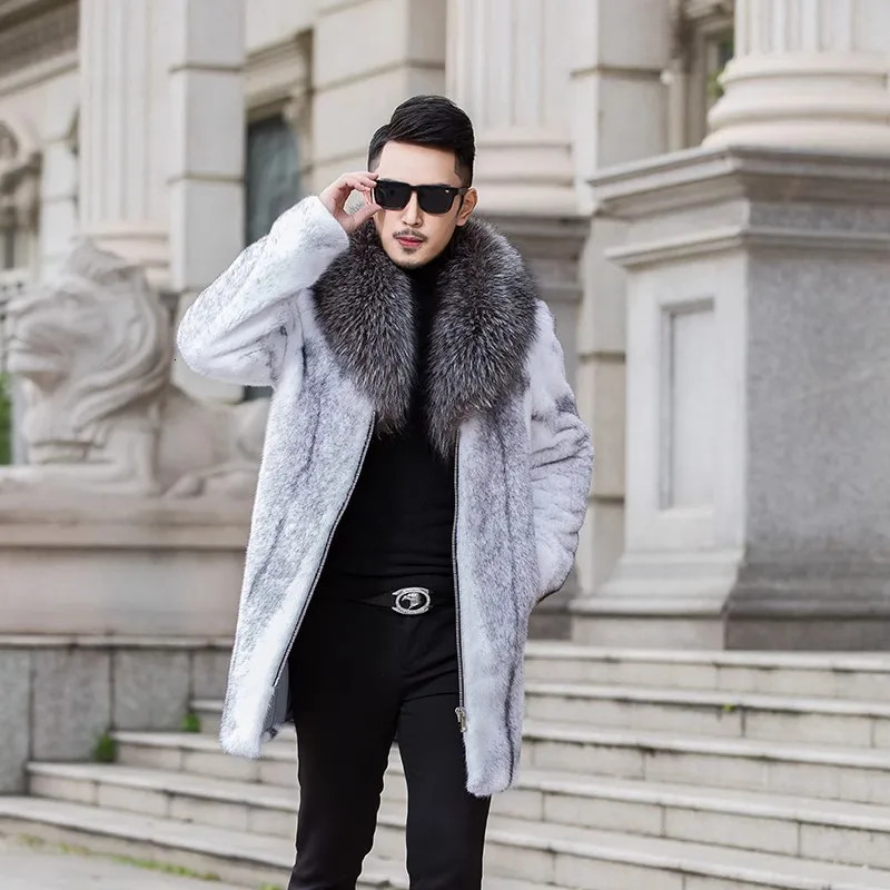 Mens midlength mink coat Fox fur Collar Jacket Mink fur casual zipper jacket 250908